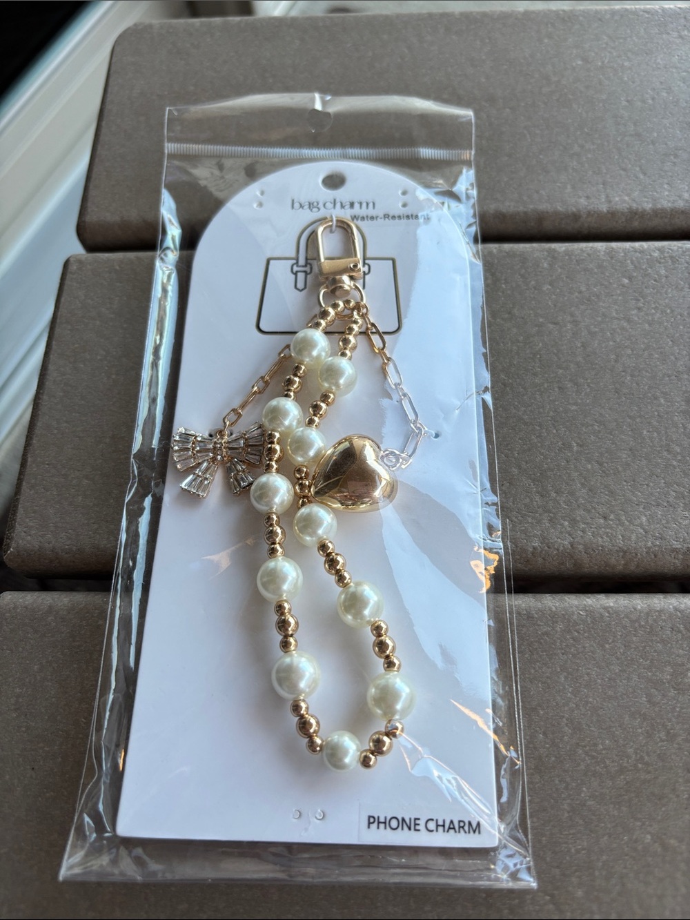 Gold Beaded Pearl Heart & Bow Phone Charm Bracelet - Women's Jewelry